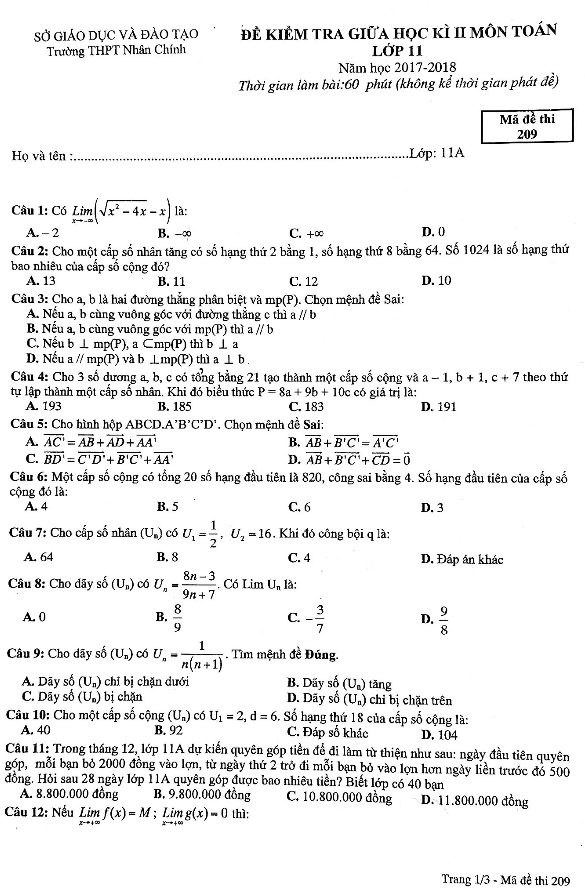 Đề kiểm tra giữa học kì 2 (HK2) lớp 11 môn Toán năm học 2017 2018 trường THPT Nhân Chính Hà Nội