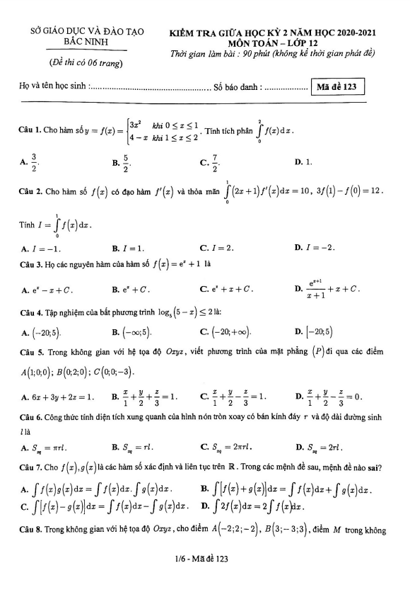 Đề kiểm tra giữa học kì 2 (HK2) lớp 12 môn Toán năm 2020 2021 sở GD ĐT Bắc Ninh