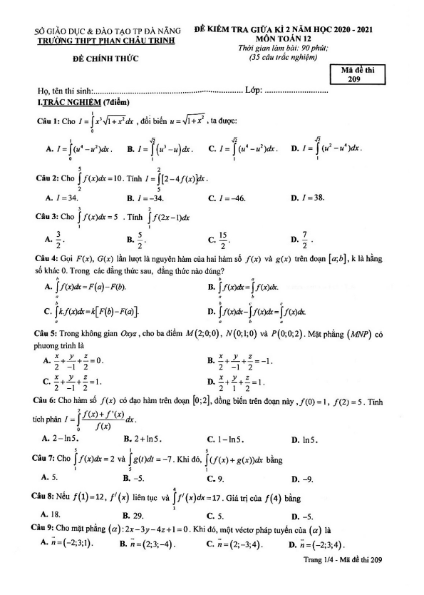 Đề kiểm tra giữa học kì 2 (HK2) lớp 12 môn Toán năm 2020 2021 trường Phan Châu Trinh Đà Nẵng
