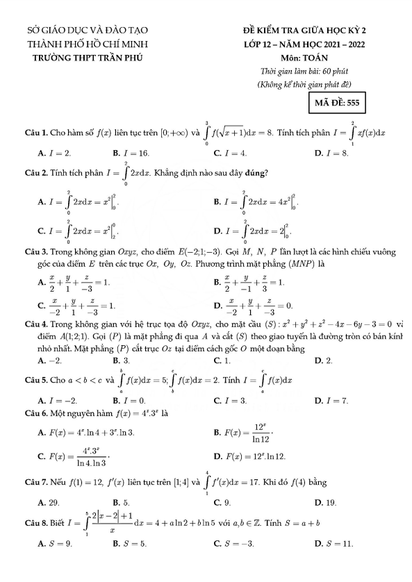 Đề kiểm tra giữa học kì 2 (HK2) lớp 12 môn Toán năm 2021 2022 trường THPT Trần Phú TP HCM