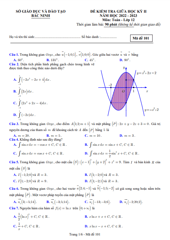 Đề kiểm tra giữa học kì 2 (HK2) lớp 12 môn Toán năm 2022 2023 sở GD ĐT Bắc Ninh