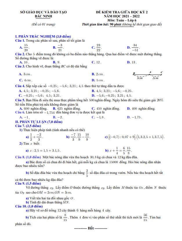 Đề kiểm tra giữa học kì 2 (HK2) lớp 6 môn Toán năm 2021 2022 sở GD ĐT Bắc Ninh