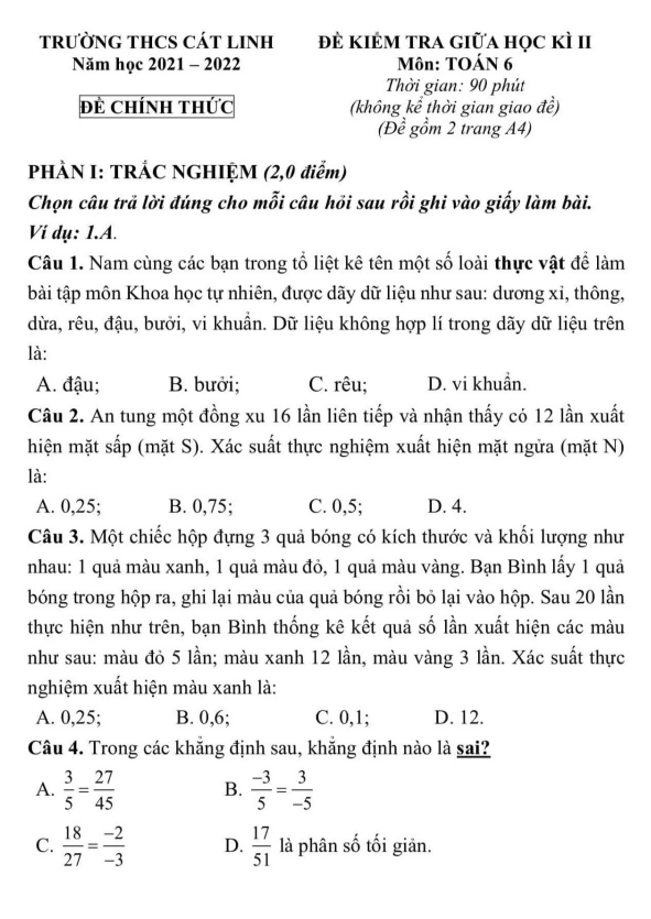 Đề kiểm tra giữa học kì 2 (HK2) lớp 6 môn Toán năm 2021 2022 trường THCS Cát Linh Hà Nội