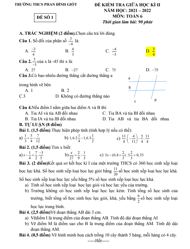 Đề kiểm tra giữa học kì 2 (HK2) lớp 6 môn Toán năm 2021 2022 trường THCS Phan Đình Giót Hà Nội