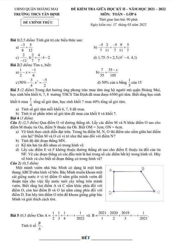 Đề kiểm tra giữa học kì 2 (HK2) lớp 6 môn Toán năm 2021 2022 trường THCS Tân Định Hà Nội