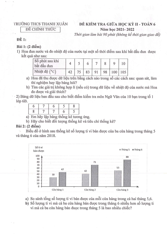 Đề kiểm tra giữa học kì 2 (HK2) lớp 6 môn Toán năm 2021 2022 trường THCS Thanh Xuân Hà Nội