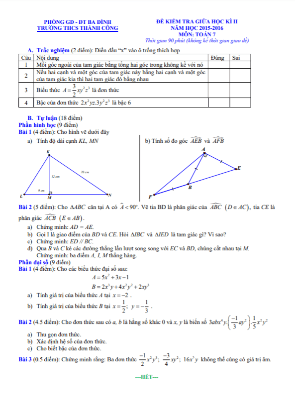 Đề kiểm tra giữa học kì 2 (HK2) lớp 7 môn Toán năm 2015 2016 trường THCS Thành Công Hà Nội
