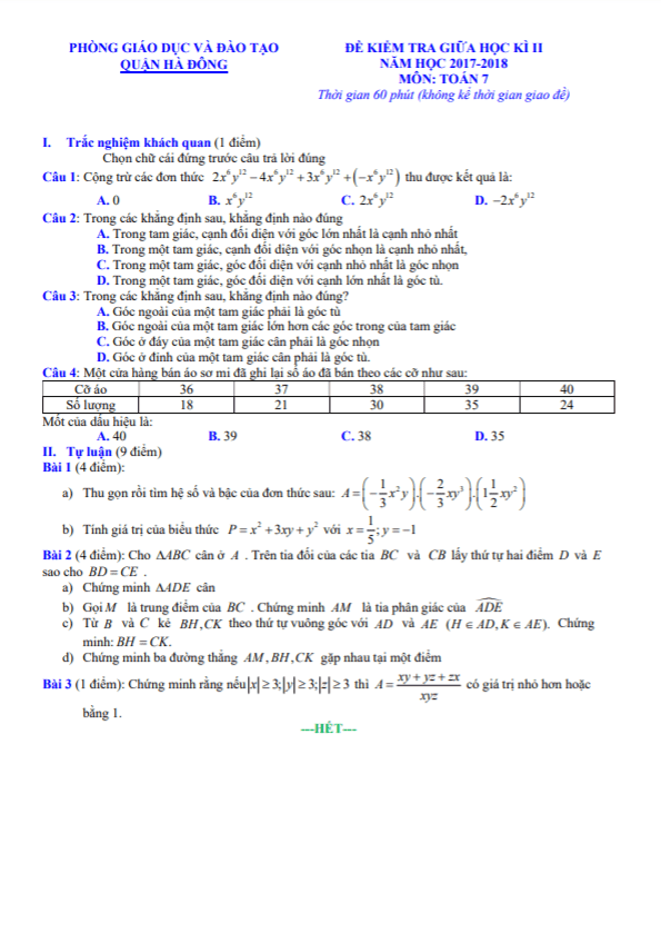 Đề kiểm tra giữa học kì 2 (HK2) lớp 7 môn Toán năm 2017 2018 phòng GD ĐT Hà Đông Hà Nội