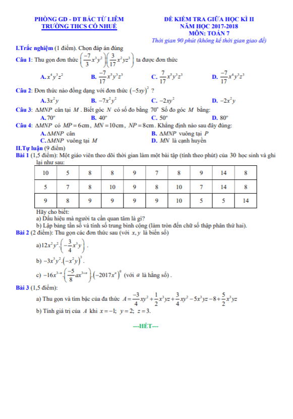 Đề kiểm tra giữa học kì 2 (HK2) lớp 7 môn Toán năm 2017 2018 trường THCS Cổ Nhuế Hà Nội