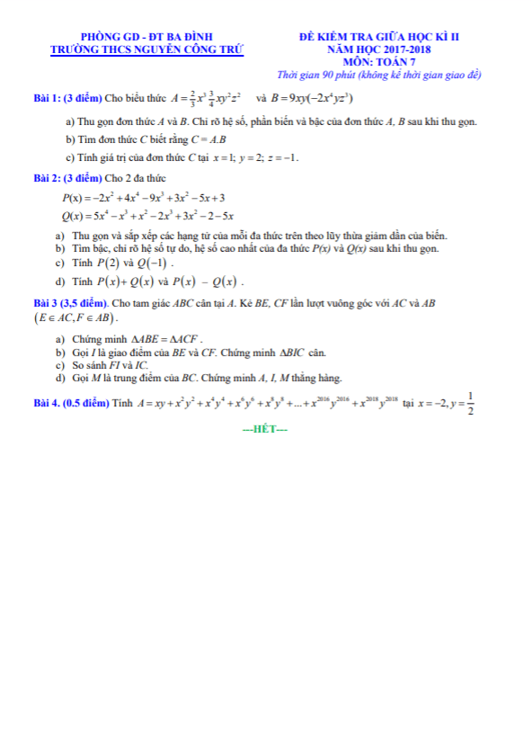 Đề kiểm tra giữa học kì 2 (HK2) lớp 7 môn Toán năm 2017 2018 trường THCS Nguyễn Công Trứ Hà Nội