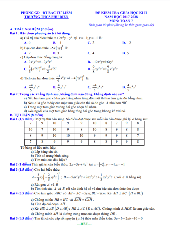 Đề kiểm tra giữa học kì 2 (HK2) lớp 7 môn Toán năm 2017 2018 trường THCS Phú Diễn Hà Nội