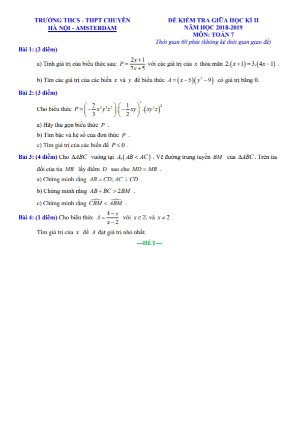Đề kiểm tra giữa học kì 2 (HK2) lớp 7 môn Toán năm 2018 2019 trường chuyên Hà Nội Amsterdam