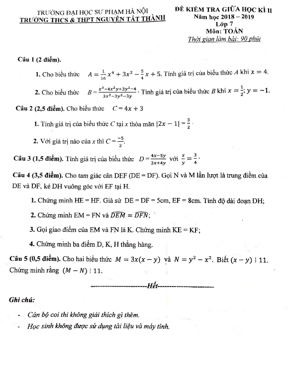 Đề kiểm tra giữa học kì 2 (HK2) lớp 7 môn Toán năm 2018 2019 trường Nguyễn Tất Thành Hà Nội