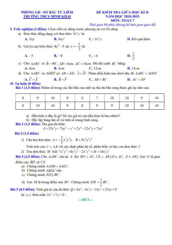 Đề kiểm tra giữa học kì 2 (HK2) lớp 7 môn Toán năm 2018 2019 trường THCS Minh Khai Hà Nội
