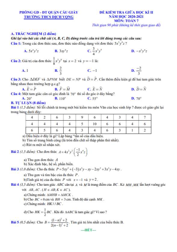 Đề kiểm tra giữa học kì 2 (HK2) lớp 7 môn Toán năm 2020 2021 trường THCS Dịch Vọng Hà Nội