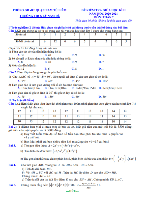 Đề kiểm tra giữa học kì 2 (HK2) lớp 7 môn Toán năm 2020 2021 trường THCS Lý Nam Đế Hà Nội