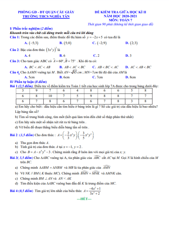 Đề kiểm tra giữa học kì 2 (HK2) lớp 7 môn Toán năm 2020 2021 trường THCS Nghĩa Tân Hà Nội