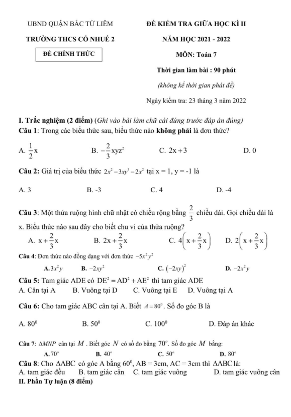 Đề kiểm tra giữa học kì 2 (HK2) lớp 7 môn Toán năm 2021 2022 trường THCS Cổ Nhuế 2 Hà Nội