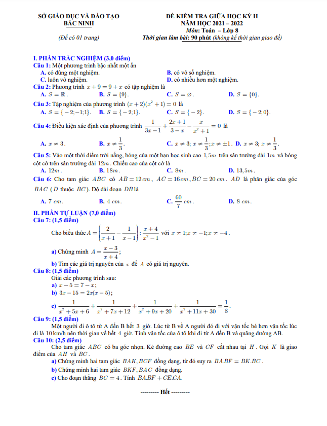 Đề kiểm tra giữa học kì 2 (HK2) lớp 8 môn Toán năm 2021 2022 sở GD ĐT Bắc Ninh