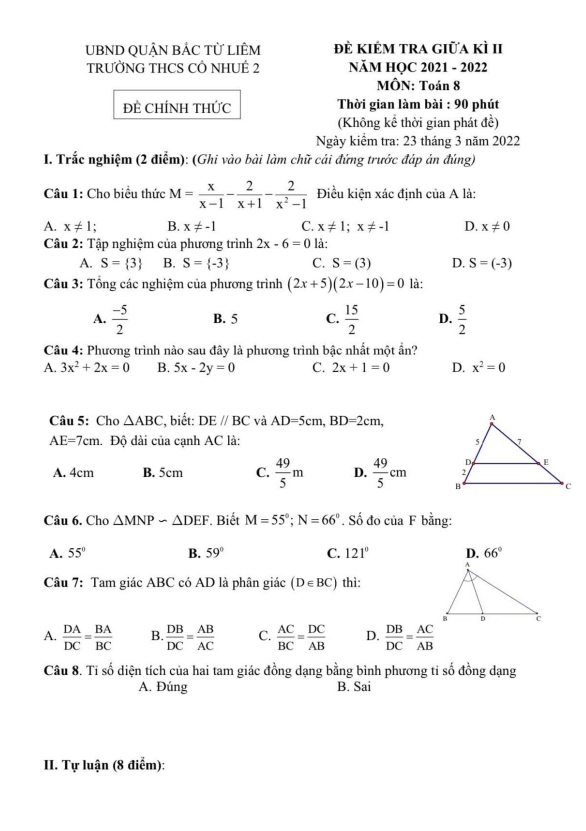 Đề kiểm tra giữa học kì 2 (HK2) lớp 8 môn Toán năm 2021 2022 trường THCS Cổ Nhuế 2 Hà Nội