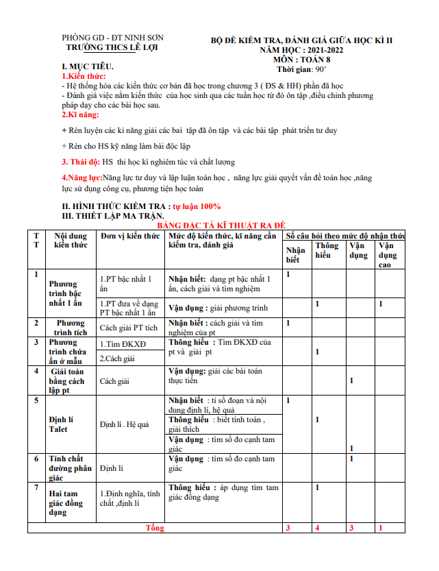 Đề kiểm tra giữa học kì 2 (HK2) lớp 8 môn Toán năm 2021 2022 trường THCS Lê Lợi Ninh Thuận