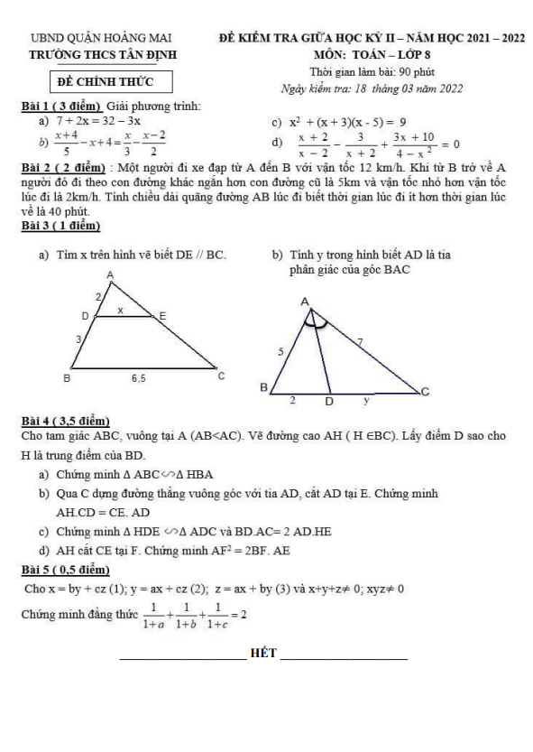 Đề kiểm tra giữa học kì 2 (HK2) lớp 8 môn Toán năm 2021 2022 trường THCS Tân Định Hà Nội