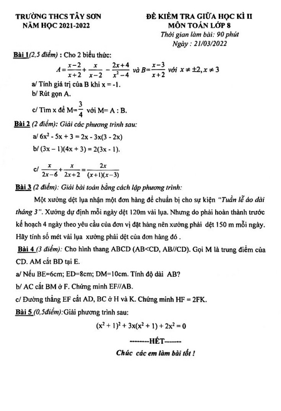 Đề kiểm tra giữa học kì 2 (HK2) lớp 8 môn Toán năm 2021 2022 trường THCS Tây Sơn Hà Nội