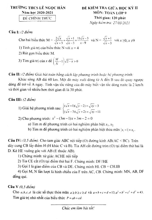 Đề kiểm tra giữa học kì 2 (HK2) lớp 9 môn Toán năm 2020 2021 trường Lê Ngọc Hân Hà Nội