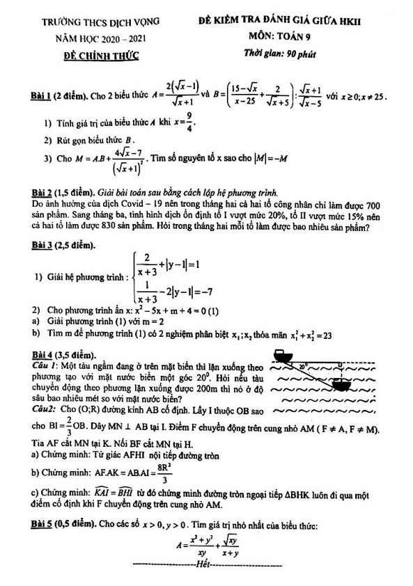 Đề kiểm tra giữa học kì 2 (HK2) lớp 9 môn Toán năm 2020 2021 trường THCS Dịch Vọng Hà Nội