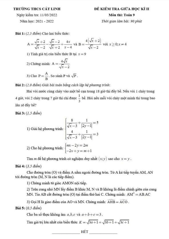 Đề kiểm tra giữa học kì 2 (HK2) lớp 9 môn Toán năm 2021 2022 trường THCS Cát Linh Hà Nội