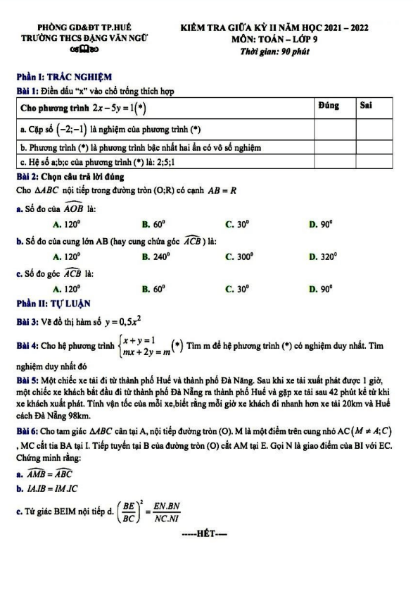 Đề kiểm tra giữa học kì 2 (HK2) lớp 9 môn Toán năm 2021 2022 trường THCS Đặng Văn Ngữ TT Huế