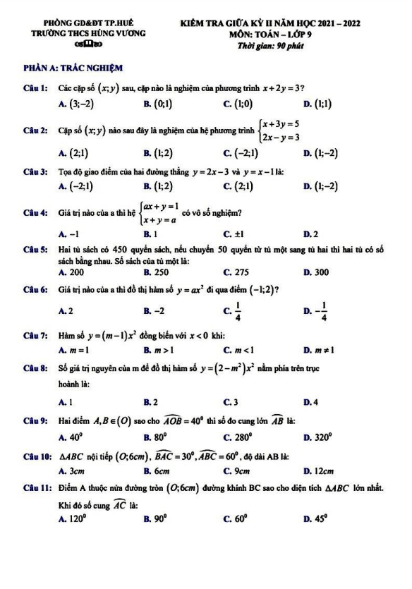 Đề kiểm tra giữa học kì 2 (HK2) lớp 9 môn Toán năm 2021 2022 trường THCS Hùng Vương TT Huế