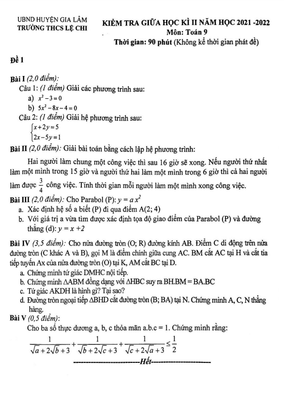 Đề kiểm tra giữa học kì 2 (HK2) lớp 9 môn Toán năm 2021 2022 trường THCS Lệ Chi Hà Nội