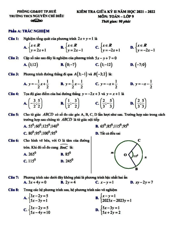 Đề kiểm tra giữa học kì 2 (HK2) lớp 9 môn Toán năm 2021 2022 trường THCS Nguyễn Chí Diểu TT Huế