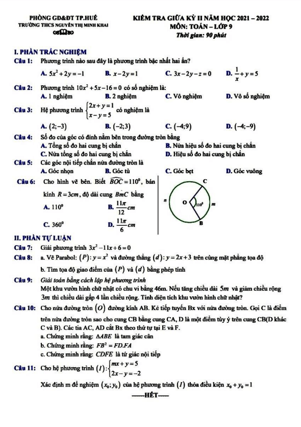 Đề kiểm tra giữa học kì 2 (HK2) lớp 9 môn Toán năm 2021 2022 trường THCS Nguyễn Thị Minh Khai TT Huế