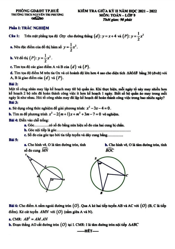 Đề kiểm tra giữa học kì 2 (HK2) lớp 9 môn Toán năm 2021 2022 trường THCS Nguyễn Tri Phương TT Huế