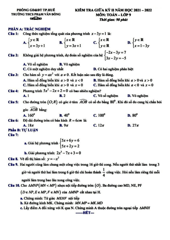 Đề kiểm tra giữa học kì 2 (HK2) lớp 9 môn Toán năm 2021 2022 trường THCS Phạm Văn Đồng TT Huế