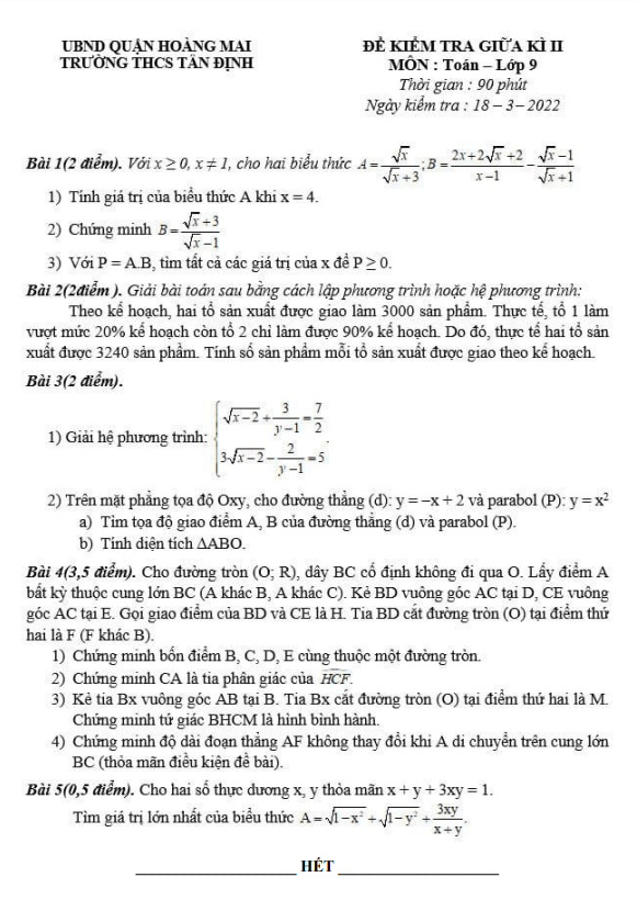 Đề kiểm tra giữa học kì 2 (HK2) lớp 9 môn Toán năm 2021 2022 trường THCS Tân Định Hà Nội