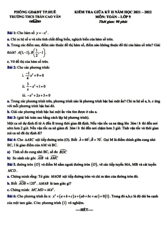 Đề kiểm tra giữa học kì 2 (HK2) lớp 9 môn Toán năm 2021 2022 trường THCS Trần Cao Vân TT Huế