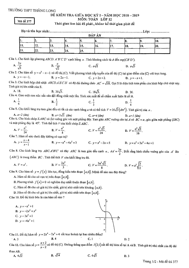 Đề kiểm tra giữa học kỳ I lớp 12 môn Toán năm học 2018 2019 trường THPT Thăng Long Hà Nội
