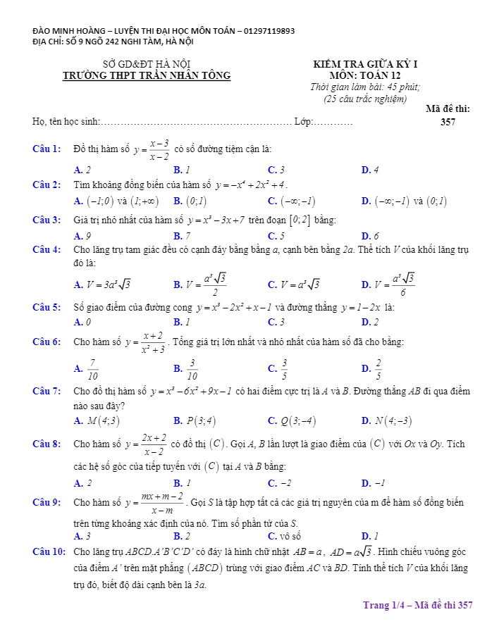 Đề kiểm tra giữa học kỳ I lớp 12 môn Toán trường THPT Trần Nhân Tông Hà Nội