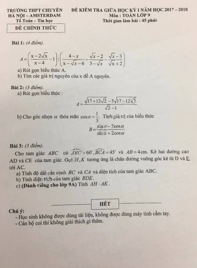 Đề kiểm tra giữa học kỳ I năm học 2017 2018 lớp 9 môn Toán trường THPT chuyên Hà Nội Amsterdam