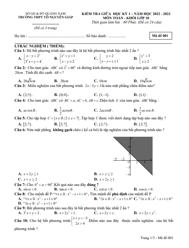 Đề kiểm tra GK1 lớp 10 môn Toán năm 2022 2023 trường THPT Võ Nguyên Giáp Quảng Nam