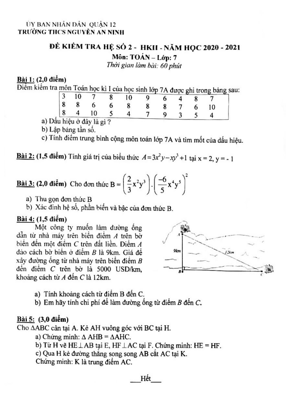 Đề kiểm tra hệ số 2 học kì 2 (HK2) lớp 7 môn Toán năm 2020 2021 trường Nguyễn An Ninh TP HCM