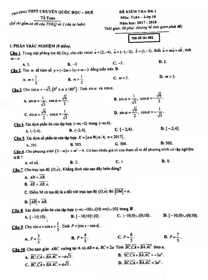 Đề kiểm tra HKI lớp 10 môn Toán năm học 2017 2018 trường THPT chuyên Quốc học Huế