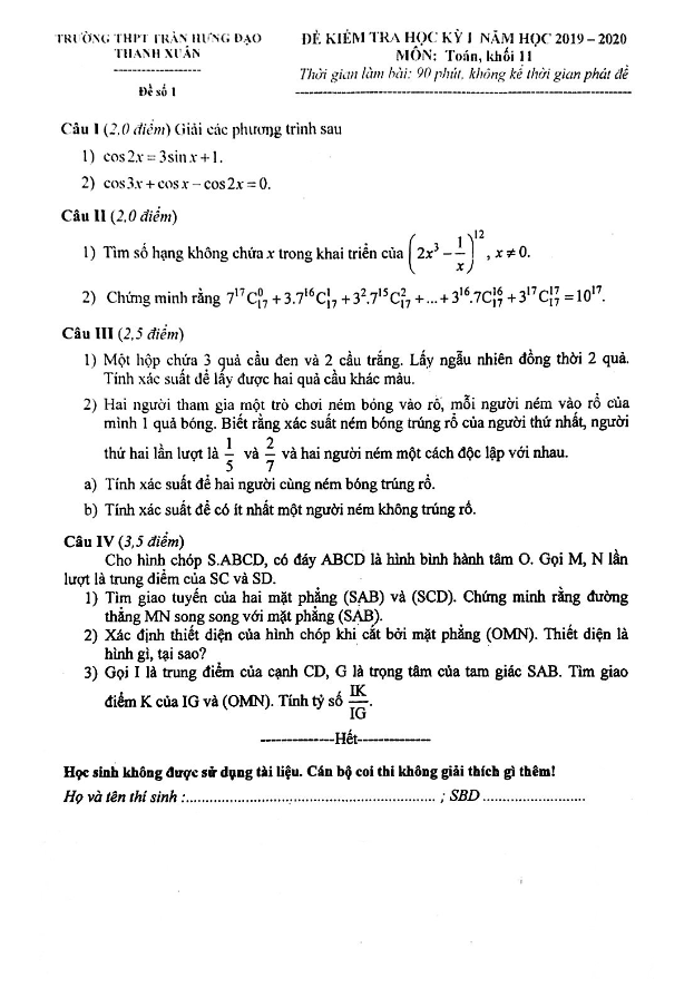 Đề kiểm tra HKI lớp 11 môn Toán năm 2019 2020 trường Trần Hưng Đạo Hà Nội