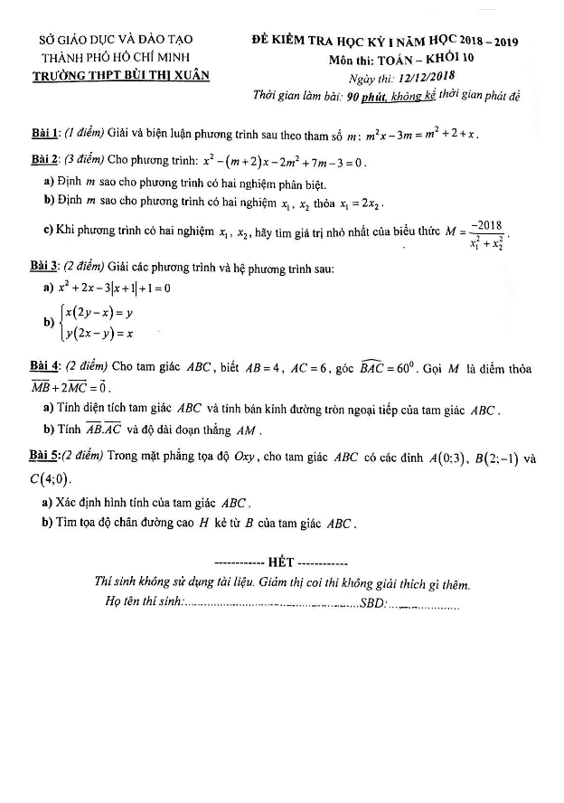 Đề kiểm tra học kì 1 (HK1) lớp 10 môn Toán năm 2018 2019 trường THPT Bùi Thị Xuân TP. HCM