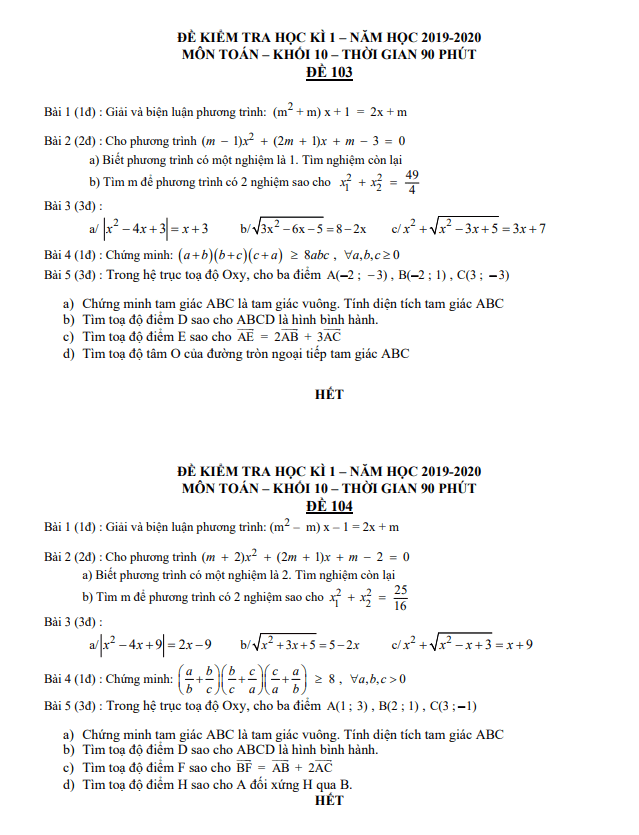 Đề kiểm tra học kì 1 (HK1) lớp 10 môn Toán năm 2019 2020 trường THPT Nam Kỳ Khởi Nghĩa TP HCM