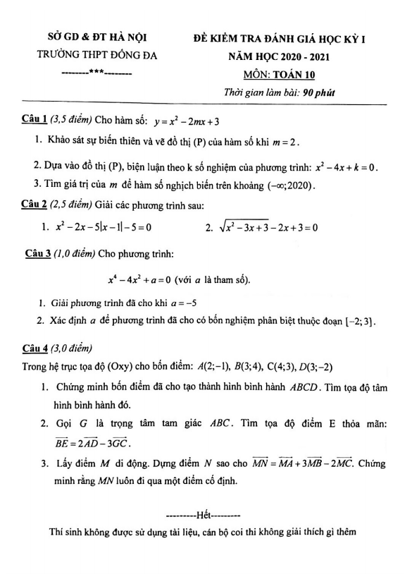 Đề kiểm tra học kì 1 (HK1) lớp 10 môn Toán năm 2020 2021 trường THPT Đống Đa Hà Nội