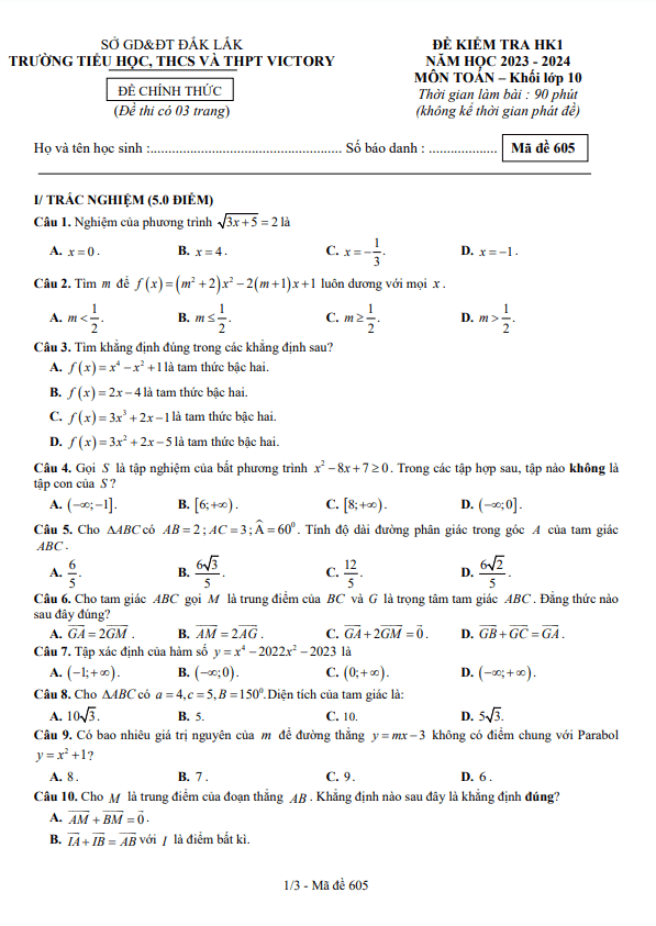Đề kiểm tra học kì 1 (HK1) lớp 10 môn Toán năm 2023 2024 trường Victory Đắk Lắk